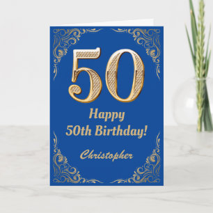 Cartão 50º aniversário - Quadro Azul e Dourado da Largura