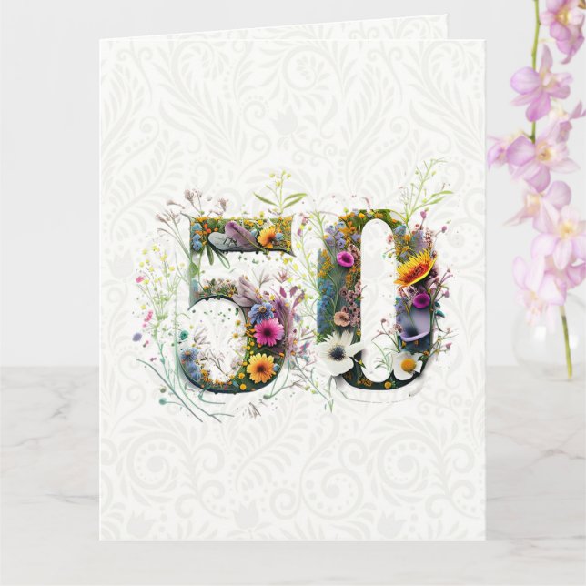 Cartão 50º Aniversário Texto decorativo de Flor Selvagem (Orquídea)