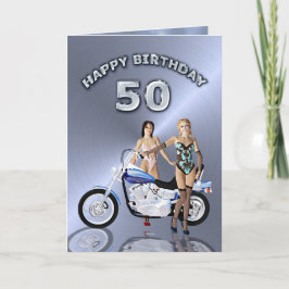 Cartão 50.º aniversário com raparigas e uma moto