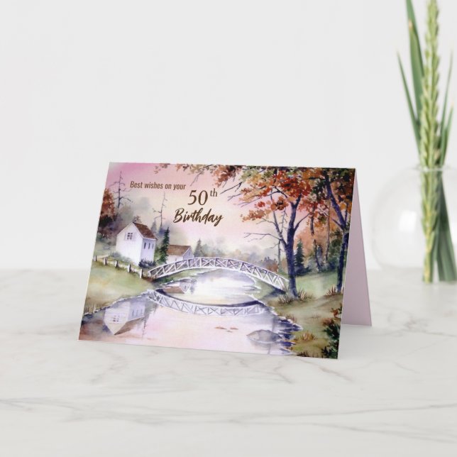 Cartão 50.º Aniversário da Pintura de Aquarela de Ponte A (Frente)