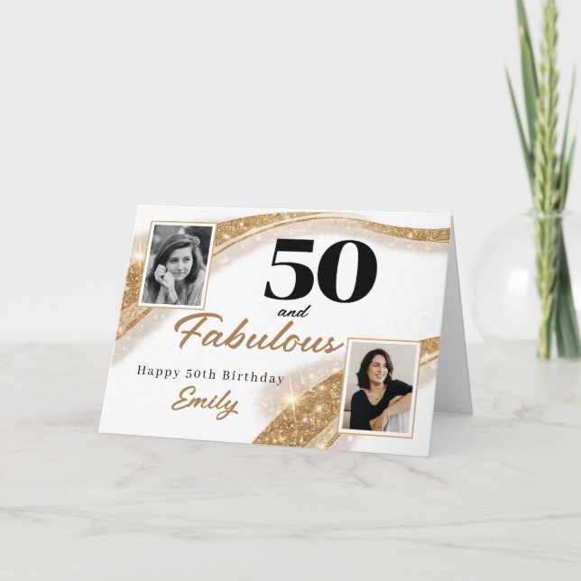 Cartão 50 and Fabulous Gold Glitter Photo 50th Birthday (Frente)