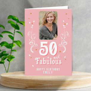Cartão 50 e Fabuloso Foliagem Rosa Foto 50º Aniversário