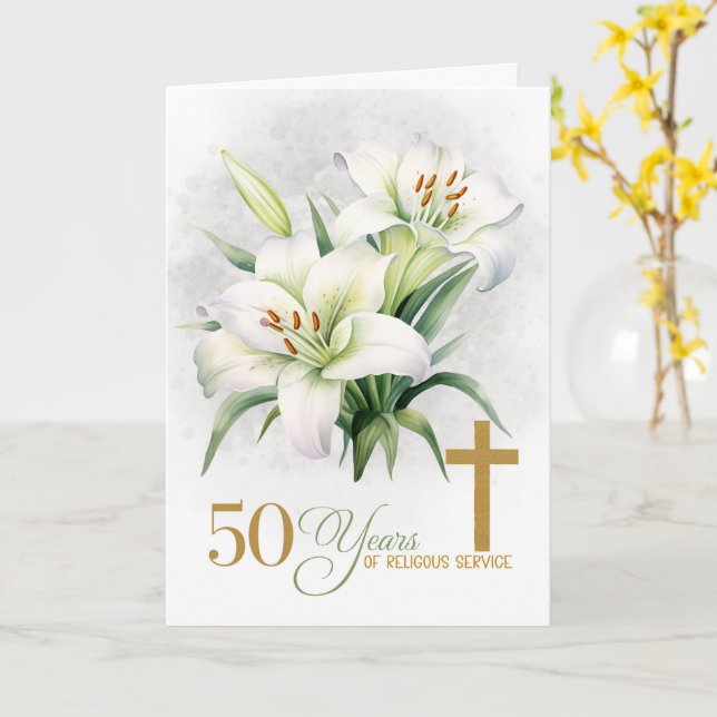 Cartão 50 Years of Religious Service Cross and Lilies (Flor Amarela)
