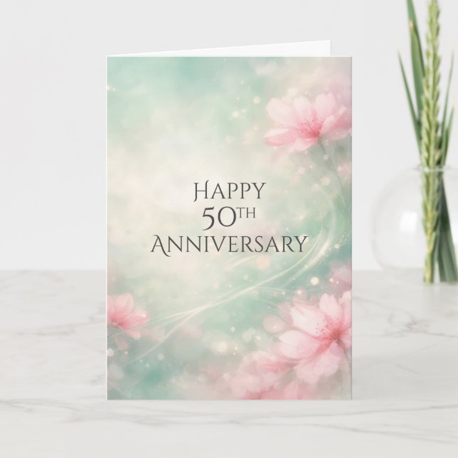 Cartão 50th Anniversary Dreamy Flowers On Mint Green  (Frente)