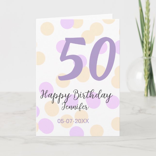 Cartão 50th birthday add name date purple orange polkadot (Frente)