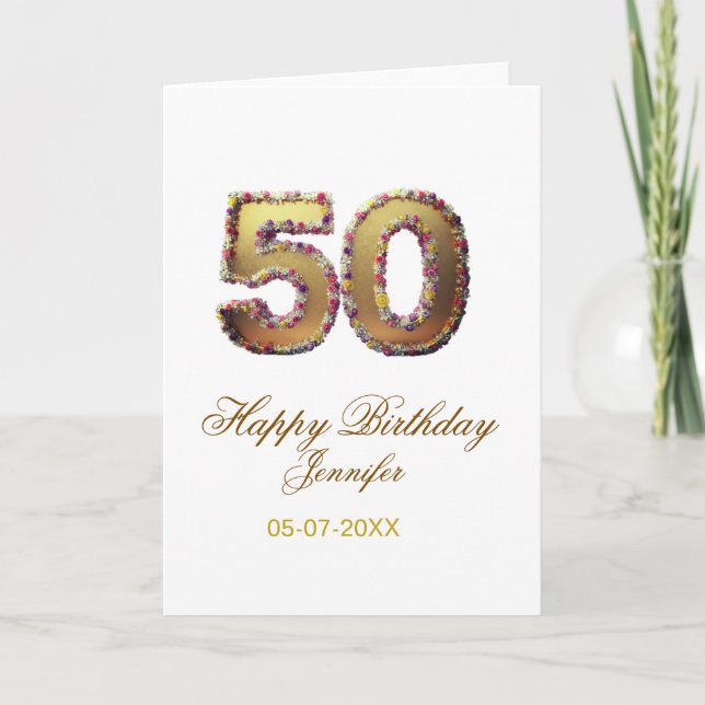 Cartão 50th birthday add name date year gold floral bold  (Frente)
