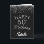 Cartão 50th Birthday Black and Silver Glitter Card<br><div class="desc">50th Birthday Black and Silver Glitter Card with personalized name. For further customization,  please click the "Customize it" button and use our design tool to modify this template.</div>