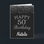 Cartão 50th Birthday Black and Silver Glitter Card<br><div class="desc">50th Birthday Black and Silver Glitter Card with personalized name. For further customization,  please click the "Customize it" button and use our design tool to modify this template.</div>