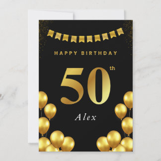 Cartão 50th Birthday Card Black and Gold Balloons