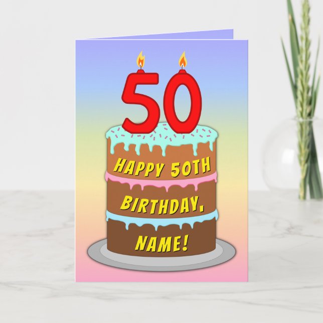 Cartão 50th Birthday — Fun Cake & Candles, w/ Custom Name (Frente)