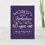 Cartão 50th Birthday Most Fabulous Colorful Gems Purple<br><div class="desc">Celebrate the milestone birthday of your favorite senior citizen with this fun gift reminding them of how fabulous they are. White and grey lettering on ultra violet or purple background. Colorful diamond-cut gems in rainbow tones serve as accent. Customize with names, initials or other text. The background color is changeable:...</div>