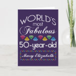Cartão 50th Birthday Most Fabulous Colorful Gems Purple<br><div class="desc">Celebrate the milestone birthday of your favorite quinquagenarian with this fun gift reminding them of how fabulous they are. White and grey lettering on ultra violet or purple background. Colorful diamond-cut gems in rainbow tones serve as accent. Customize with names, initials or other text. The background color is changeable: Simply...</div>