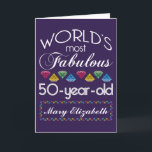 Cartão 50th Birthday Most Fabulous Colorful Gems Purple<br><div class="desc">Celebrate the milestone birthday of your favorite quinquagenarian with this fun gift reminding them of how fabulous they are. White and grey lettering on ultra violet or purple background. Colorful diamond-cut gems in rainbow tones serve as accent. Customize with names, initials or other text. The background color is changeable: Simply...</div>