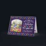 Cartão 50th Birthday Most Fabulous Gems Purple Your Photo<br><div class="desc">Celebrate the milestone birthday of your favorite quinquagenarian with this fun gift reminding them of how fabulous they are. White and grey lettering on ultra violet or purple background, with matching frame for your favorite square photo. Colorful diamond-cut gems in rainbow tones serve as accent. Customize with photograph, names, initials...</div>