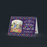 Cartão 50th Birthday Most Fabulous Gems Purple Your Photo<br><div class="desc">Celebrate the milestone birthday of your favorite quinquagenarian with this fun gift reminding them of how fabulous they are. White and grey lettering on ultra violet or purple background, with matching frame for your favorite square photo. Colorful diamond-cut gems in rainbow tones serve as accent. Customize with photograph, names, initials...</div>