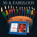 Cartão 50th Birthday Name Photo 50 & Fabulous Blue White<br><div class="desc">Elegant and funny 50 and Fabulous birthday card. Personalize with her or his photo and name. Deep blue and white polka dots pattern on the front and a funny quote on the inside. Personalize the text message and your own photo. The script style font and the colors can be changed...</div>