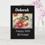 Cartão 50th Birthday Wish Sweet Chickadee Flower<br><div class="desc">Celebrate 50 years with a beautiful birthday wish. A charming chickadee watercolor adorns this birthday message full of love and joy painted with vibrant black, pink and pastel green. Open the sweet bird and flower card to read the best wishes verse for a sweet woman at her 50th year who...</div>
