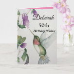 Cartão 50th Birthday Wishes Elegant Hummingbird Flower<br><div class="desc">Celebrate her 50th birthday with an elegant hummingbird design on a charming greeting card. Created from my original watercolour painting, the lovely little bird and flower image will brighten the day for birdwatchers, gardeners and nature lovers. The special woman in your life will love the pastel colours of cream, pink...</div>
