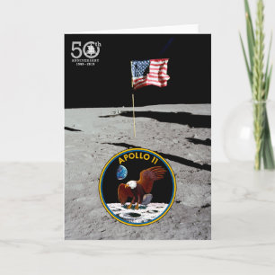 Cartão 50th Years Moon Landing, insignia & American flag: