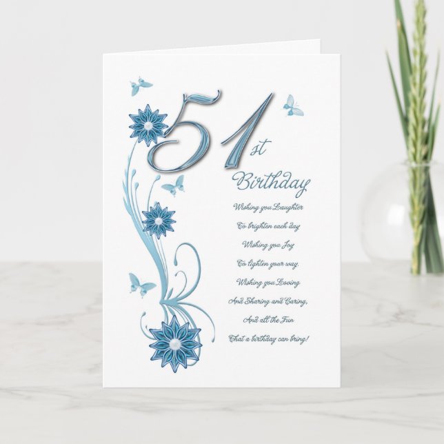 Cartão 51st birthday in teal with flowers and butterfly (Frente)