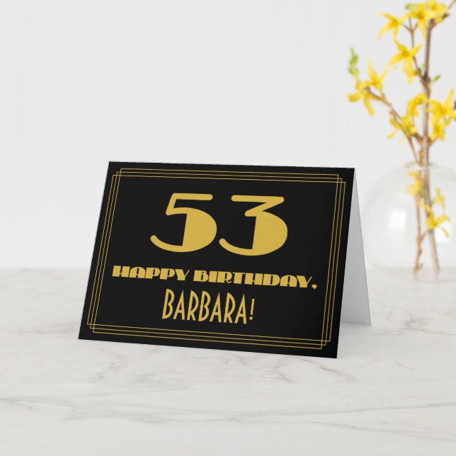 Cartão 53.º Aniversário: Nome + Art Deco Inspiraram "53" (Flor Amarela)