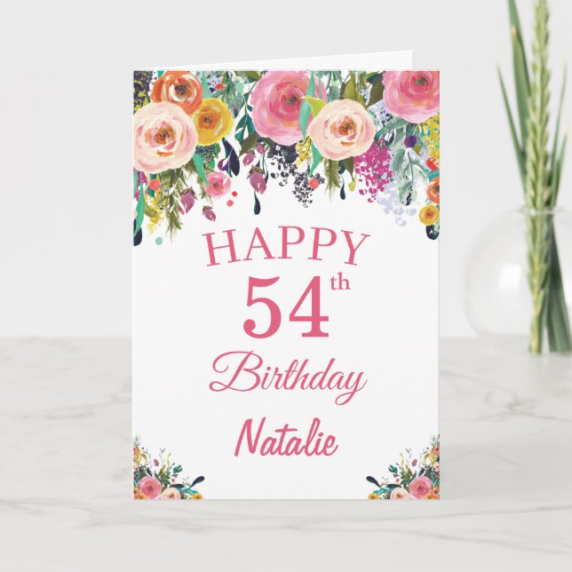 Cartão 54th Birthday Watercolor Floral Flowers Pink Card (Frente)