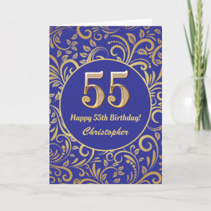 Cartão 55º Aniversário Marinho Azul e Dourado Padrão Flor