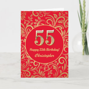 Cartão 55º Aniversário, Vermelho e Dourado Padrão Floral