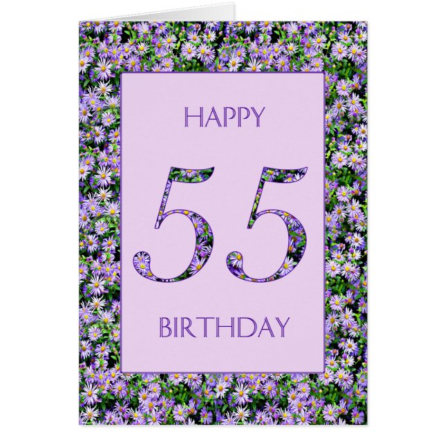 Cartão 55.º aniversário das margaridas roxas (Frente)