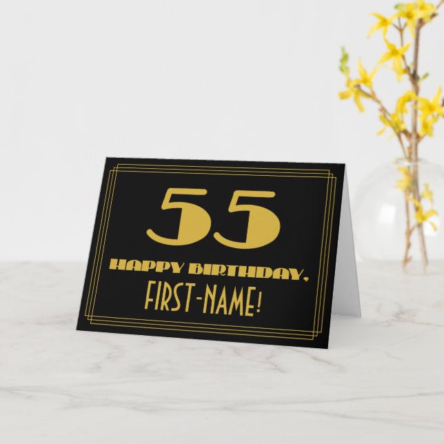 Cartão 55.º Aniversário: Nome + Art Deco Inspiraram "55" (Flor Amarela)