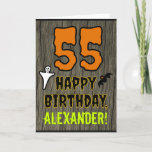 Cartão 55th Birthday: Spooky Halloween Theme, Custom Name<br><div class="desc">The front of this scary and spooky Hallowe'en birthday themed greeting card design features a large number "55" and the message "HAPPY BIRTHDAY, ", plus a custom name. There are also depictions of a bat and a ghost on the front. The inside features a custom birthday greeting message, or could...</div>