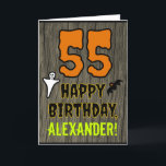 Cartão 55th Birthday: Spooky Halloween Theme, Custom Name<br><div class="desc">The front of this scary and spooky Hallowe'en birthday themed greeting card design features a large number "55" and the message "HAPPY BIRTHDAY, ", plus a custom name. There are also depictions of a bat and a ghost on the front. The inside features a custom birthday greeting message, or could...</div>