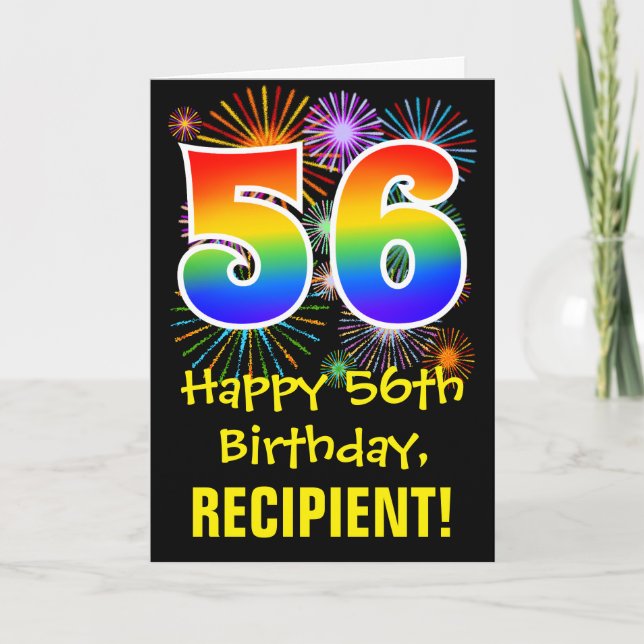 Cartão 56th Birthday: Fun Fireworks Pattern + Rainbow 56 (Frente)