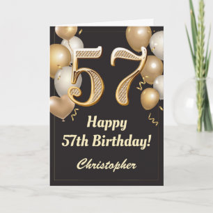Cartão 57.º aniversário Balões Negros e Dourados Confetti