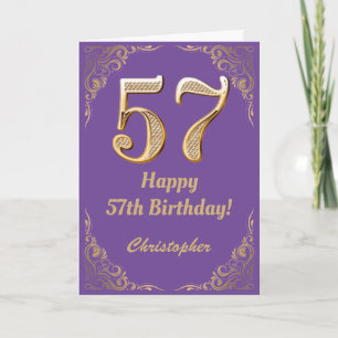 Cartão 57.º aniversário, Roxo e Dourado quadro de brilho