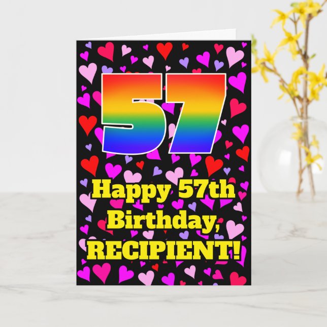 Cartão 57th Birthday: Loving Hearts Pattern, Rainbow # 57 (Flor Amarela)