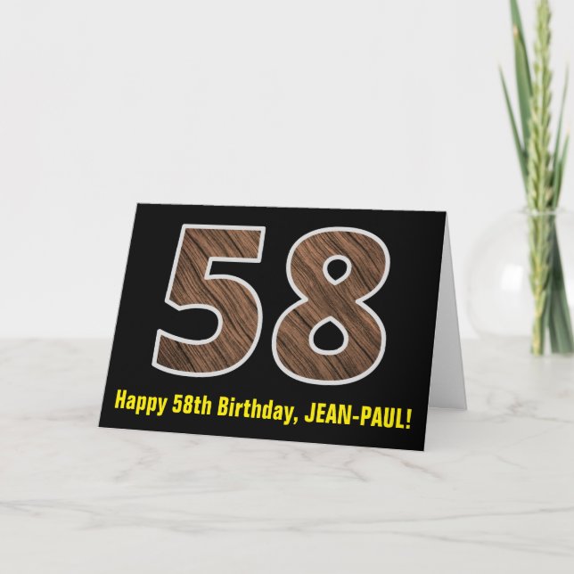 Cartão 58th Birthday: Name + Faux Wood Grain Pattern "58" (Frente)