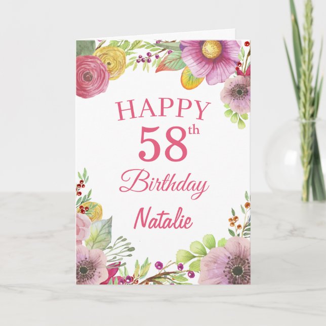 Cartão 58th Birthday Watercolor Floral Flowers Pink Card (Frente)
