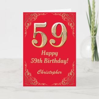Cartão 59º aniversário, Vermelho e Dourado quadro de bril