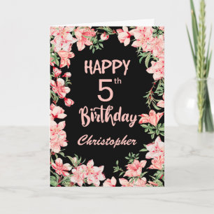 Cartão 5 Aniversário Pink Peach Aquarela Floral Preto