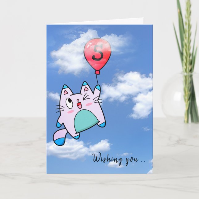 Cartão 5 Birthday Cat E Balão Card (Frente)