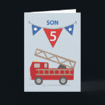 Cartão 5 Birthday Son, Firecaminhão<br><div class="desc">Um filho especial está fazendo cinco anos. Saudações e comemorações com ele no seu aniversário do 5.º aniversário com este cartão fofo com um caminhão de bombeiros na frente a apressar-se para enviar desejos de aniversário ao seu filho.</div>