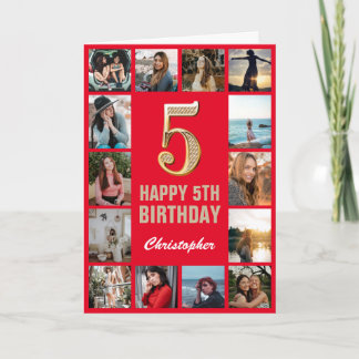 Cartão 5 Happy Birthday Red and Dourado Photo Collage