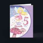 Cartão 5th Birthday, Pink Fairy & Mushrooms<br><div class="desc">For a little girl age 5. This sweet birthday card features a pretty little fairy in a pink dress flying over two decorative mushrooms. She has long yellow hair and is carrying a tiny star. In the background are fluffy white clouds, and on her right side is a border of...</div>