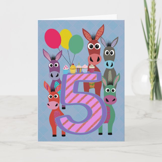 Cartão 5th Birthday with Five Donkeys and Cupcakes (Frente)