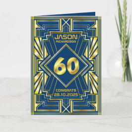Cartão 60º aniversário Art Deco Dourado Excelente Azul Ga