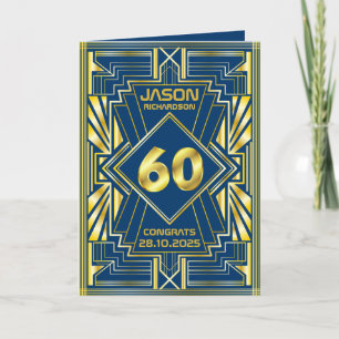 Cartão 60º aniversário Art Deco Dourado Excelente Azul Ga