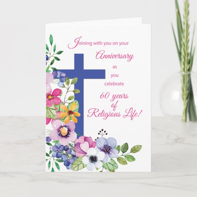 Cartão 60º Aniversário, freira, Cruz de Vida Religiosa e  (Frente)