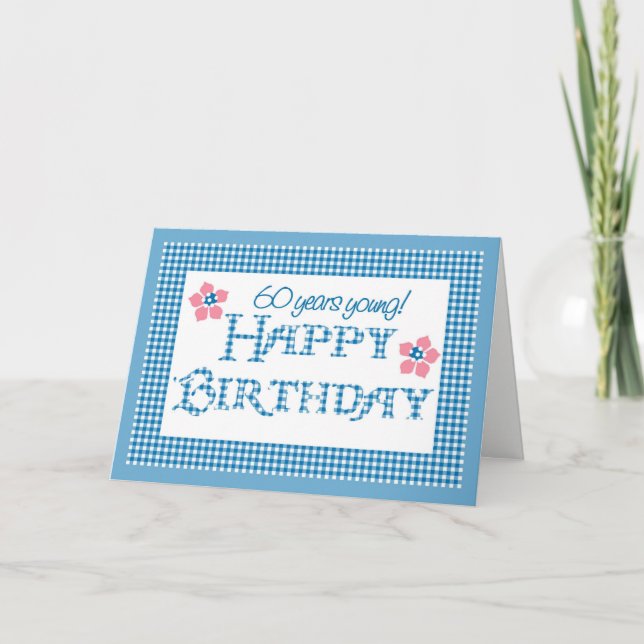 Cartão 60th Birthday, Blue Check Gingham Pattern (Frente)