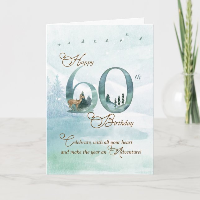 Cartão 60th Birthday Evergreen Pines and Deer Nature (Frente)